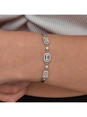 Costurera Gümüş Üçlü Baget Taşlı Kadın Bileklik