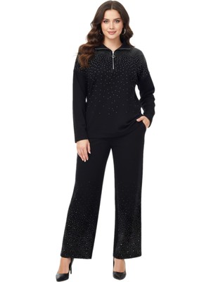 Lavella Kadın Siyah Yarım Fermuarlı Taşlı Eşofman Takım BGL-ST05083