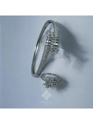 Defne Yaprağı Taş Dizimleri 925 Ayar Gümüş Kelepçe Bilezik Yüzük Seti