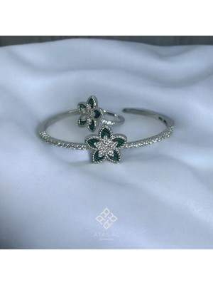 Yeşil Sedef Çiçeği Fransız Tasarım 925 Ayar Gümüş Kelepçe Bilezik Yüzük Seti