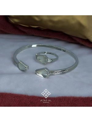 Mat Sedef Taş Dizimleri 925 Ayar Gümüş Kelepçe Bilezik Yüzük Seti