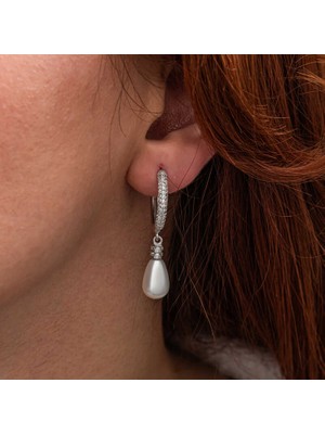 Costurera Gümüş Zirkon Taşlı Sallantılı Damla Inci Küpe