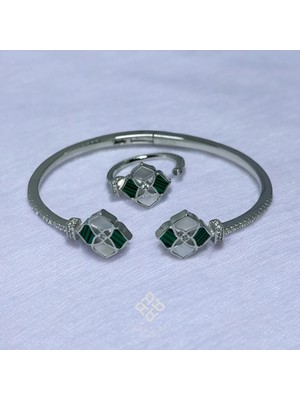 Yeşil Sedef Fransız Tasarım 925 Ayar Gümüş Kelepçe Bilezik Yüzük Seti