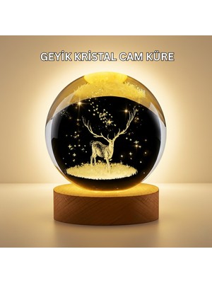 SHN 3D Lazer Işlemeli Geyik Kristal Küre Sıcak Işıklı Gece Aydınlatması