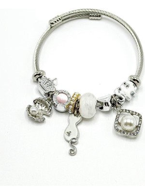 Costurera Kedili Incili Taşlı Çelik Pandora