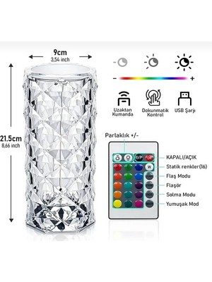 Costurera Kristal Elmas LED Dokunmatik Şarjlı Kumandalı Masa Lambası Rgb