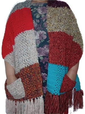 El@Ma El Örgüsü Cepli Çok Renkli Kadın Şal Atkı