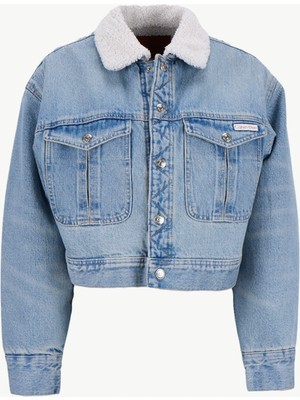 Calvin Klein Jeans Kadın Mavi Denim Ceket Standart Kalıp Kürk Yaka Özellikli
