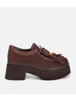 Hotiç 01AYH316840A480 KADIN Süet Deri Kahverengi Püskül Detaylı Kalın Tabanlı Günlük Loafer