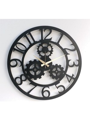 UltraMint Şık Siyah Ahşap 50CM Duvar Saati, Dişli Çarklı ve Sessiz Tasarım