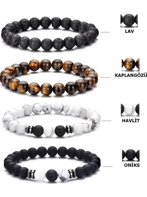 UltraMint Doğal Taşlı 4'lü Bileklik Seti Kaplangözü, Lav, Oniks, Beyaz Havlit