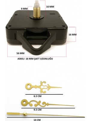 UltraMint Sessiz Duvar Saati Mekanizması, 16 mm Mil, Akrep, Yelkovan, Saniye