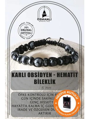 Doğal Taş Erkek Bileklik, Hematit ve Obsidyen, 6mm, Kutulu