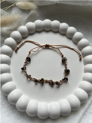 El Yapımı Dumanlı Kuvars Ayarlanabilir Bileklik ve Halhal, Doğal Taş Şıklığı