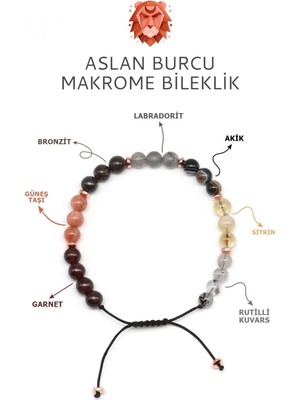 Doğal Taş Makrome Bileklik, Aslan Burcu, 6 mm Küre Kesim