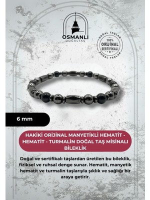 Doğal Taş Hematit ve Turmalin Misinalı Bileklik, Sertifikalı, Manyetikli