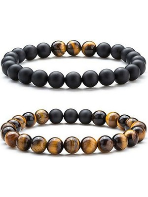 Erkek Şık Tasarım Kaplan ve Onix Doğal Taş Bileklik Çift Takım