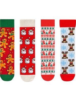 Goma Goma Socks Kardan Adam, Geyik ve Hediye Temalı 4’lü Yılbaşı Çorap Seti