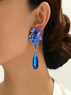 Alya's Aksesuar Şık Yaprak Şeklinde Sallantılı Mavi Cam Küpeler