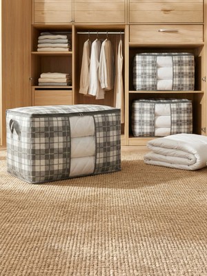 Nacarev 3 Adet Mega Boy Pencereli Kare Desenli Ekose Gri Yastık Yorgan Düzenleyici Hurç Seti 90X50X50 cm