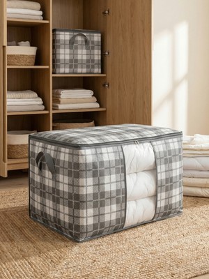 Nacarev Büyük Boy Pencereli Kare Desenli Ekose Gri Yastık Yorgan Düzenleyici Hurç 75X40X40 cm