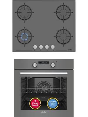 Simfer Ankastre Set Gri Cam Ocaklı Dijital Power Turbo Fanlı 2'li Set (Fırın + Ocak)
