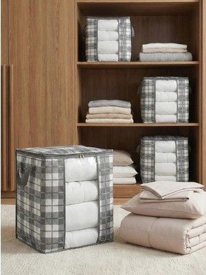 Nacarev 4 Adet Orta Boy Pencereli Kare Desenli Ekose Gri Yastık Yorgan Kazak Düzenleyici Hurç Seti 45X30X50 cm