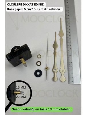 UltraMint Sessiz Duvar Saati Mekanizması, 22 mm Şaft, Akrep Yelkovan Saniye, Askılı