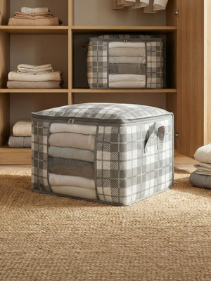 Nacarev 2 Adet Orta Boy Pencereli Kare Desenli Ekose Gri Kazak Pike Battaniye Düzenleyici Hurç Seti 45X40X30 cm