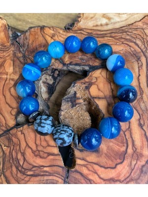 Doğal Mavi Akik ve Obsidyen Taşlı Şık Bileklik Seti