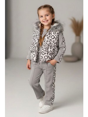 Miniğimin Cicileri Kürklü Leopar Yelekli  Kız Çocuk 3 Lü Takım - Gri