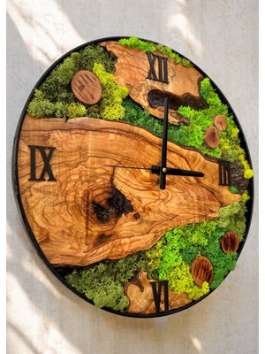 UltraMint 38 cm El Yapımı Yosun Desenli Rustik Duvar Saati Natural Dekor