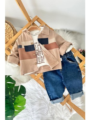 Miniğimin Cicileri Renk Bloklu Gömlekli Bebek Çocuk Kot Takım - Kahve