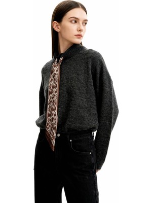 Rays Antrasit Fular Detaylı Dik Yaka Kadın Triko Kazak 2465