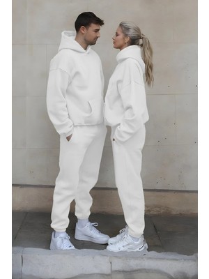 Yakamel Kadın-Erkek Çiftlere Özel Oversize Kapüşonlu Eşofman Takımı %53 Pamuk %47 Polyester Beyaz Renk
