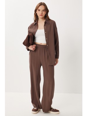 Happiness İstanbul Oversize Modal Gömlek Pantolon Takım LBY0030 Kahverengi