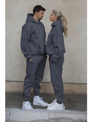 Yakamel Kadın-Erkek Çiftlere Özel Oversıze Kapüşonlu Eşofman Takımı