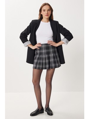 Happiness İstanbul Kareli Pileli Mini Dokuma Etek LDN0001 Siyah