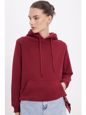 Tudors Kadın Relax Fit Rahat Kesim Pamuklu Kapüşonlu Kanguru Cepli bordo Sweatshirt
