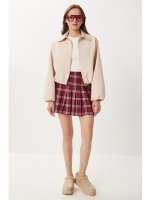 Happiness İstanbul Kareli Pileli Mini Dokuma Etek LDN0001 Bordo