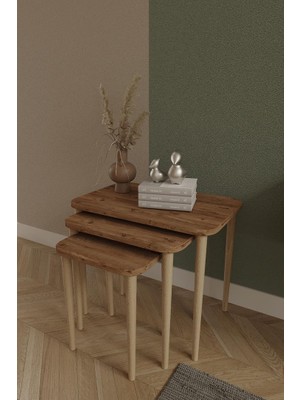 Ed Pet Dizayn Dikdörtgen Zigon Sehpa 3'lü Set – Ahşap Ayaklı Modern Tasarım - Yan Sehpa - Kahve Masası