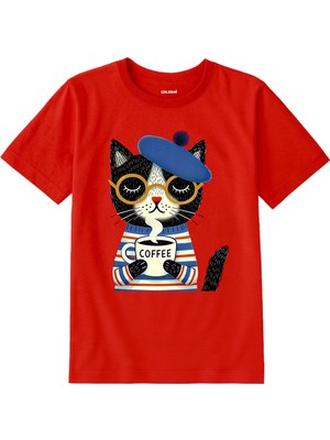 Colermi Pamuk Kumaş Çocuk Tişörtü – Bereli Kahve Tutan Kedi Baskılı