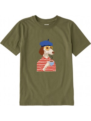 Colermi Pamuk Kumaş Çocuk Tişörtü – Bereli Kahve Içen Köpek Baskılı