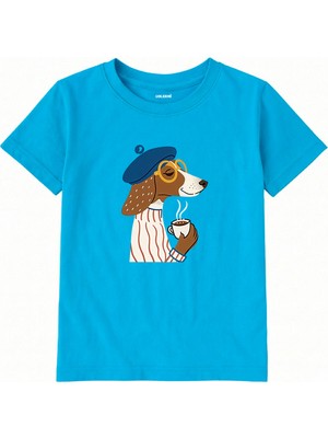 Colermi Pamuk Kumaş Çocuk Tişörtü – Kahve Içen Bereli Köpek Baskılı T-Shirt