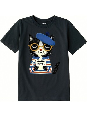 Colermi Pamuk Kumaş Çocuk Tişörtü – Bereli Kahve Tutan Kedi Baskılı