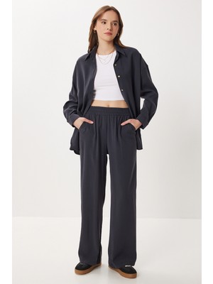 Happiness İstanbul Oversize Modal Gömlek Pantolon Takım LBY0030 Siyah