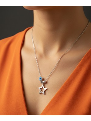 Modahilye 925 Ayar Gümüş Yıldızlı Nazar Boncuklu Göz Nazarlık Kolye