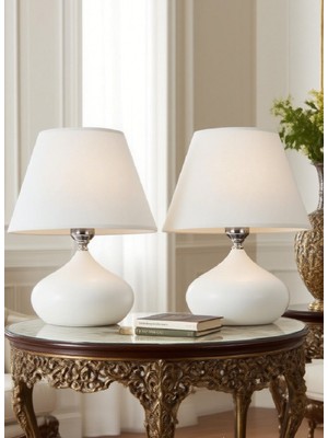 Feyza Design 2'li Metal Gövde Elips Masa Abajur, Kumaş Başlıklı Aydınlatma Seti