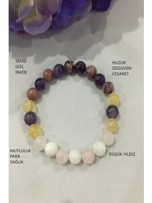 Doğal Taş Bileklik Seti, Sitrin, Rodonit, Ametist, Pembe Kuvars, Ay Taşı