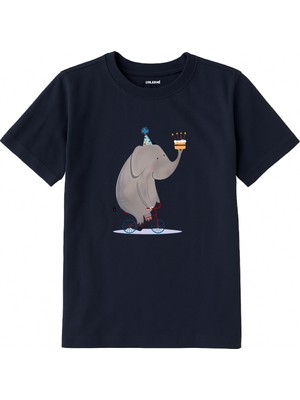 Colermi Pamuk Kumaş Çocuk Tişörtü – Bisikletli Fil ve Pasta Baskılı T-Shirt